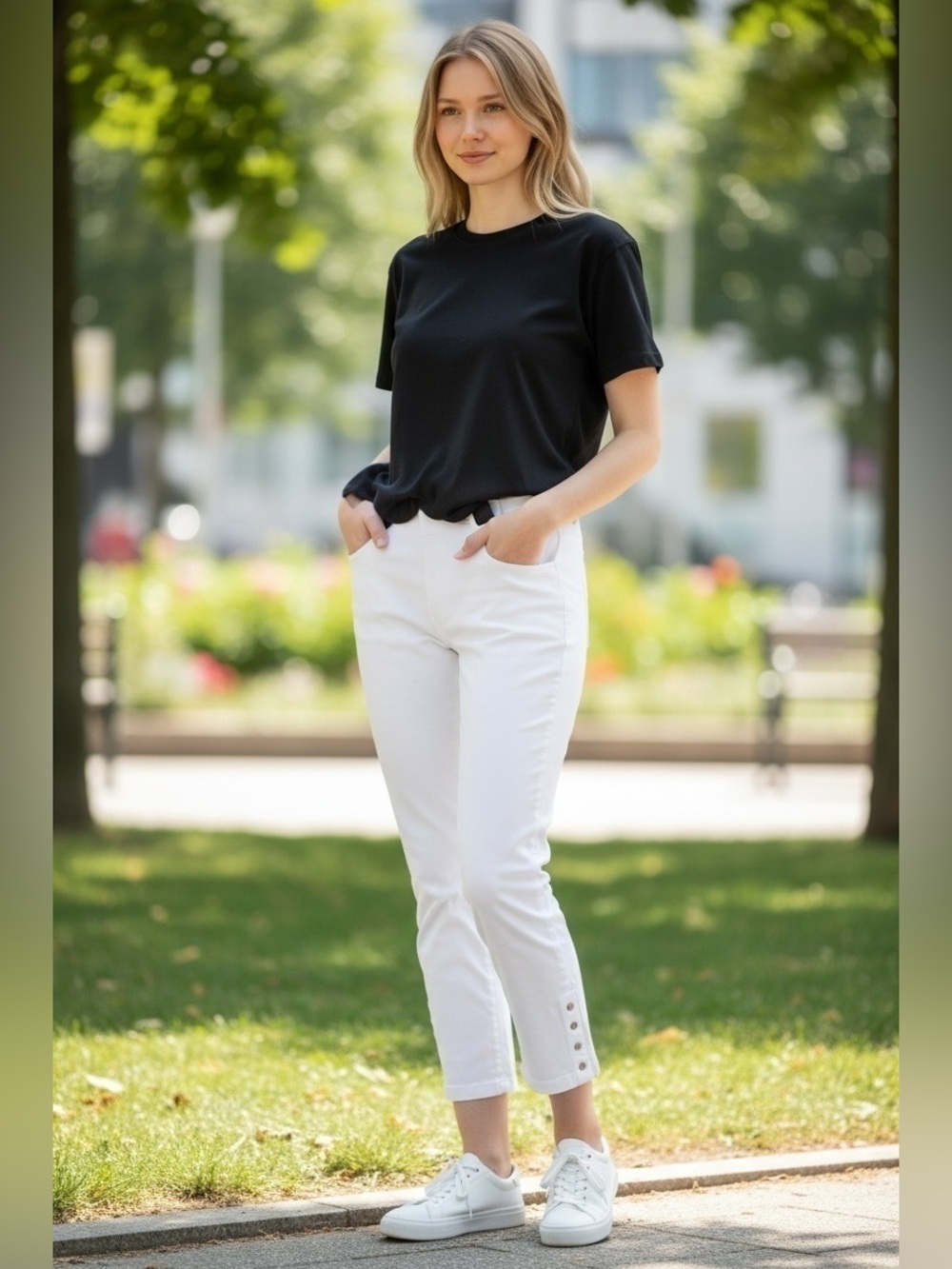 Tribal White Cropped Button-Hem Capris